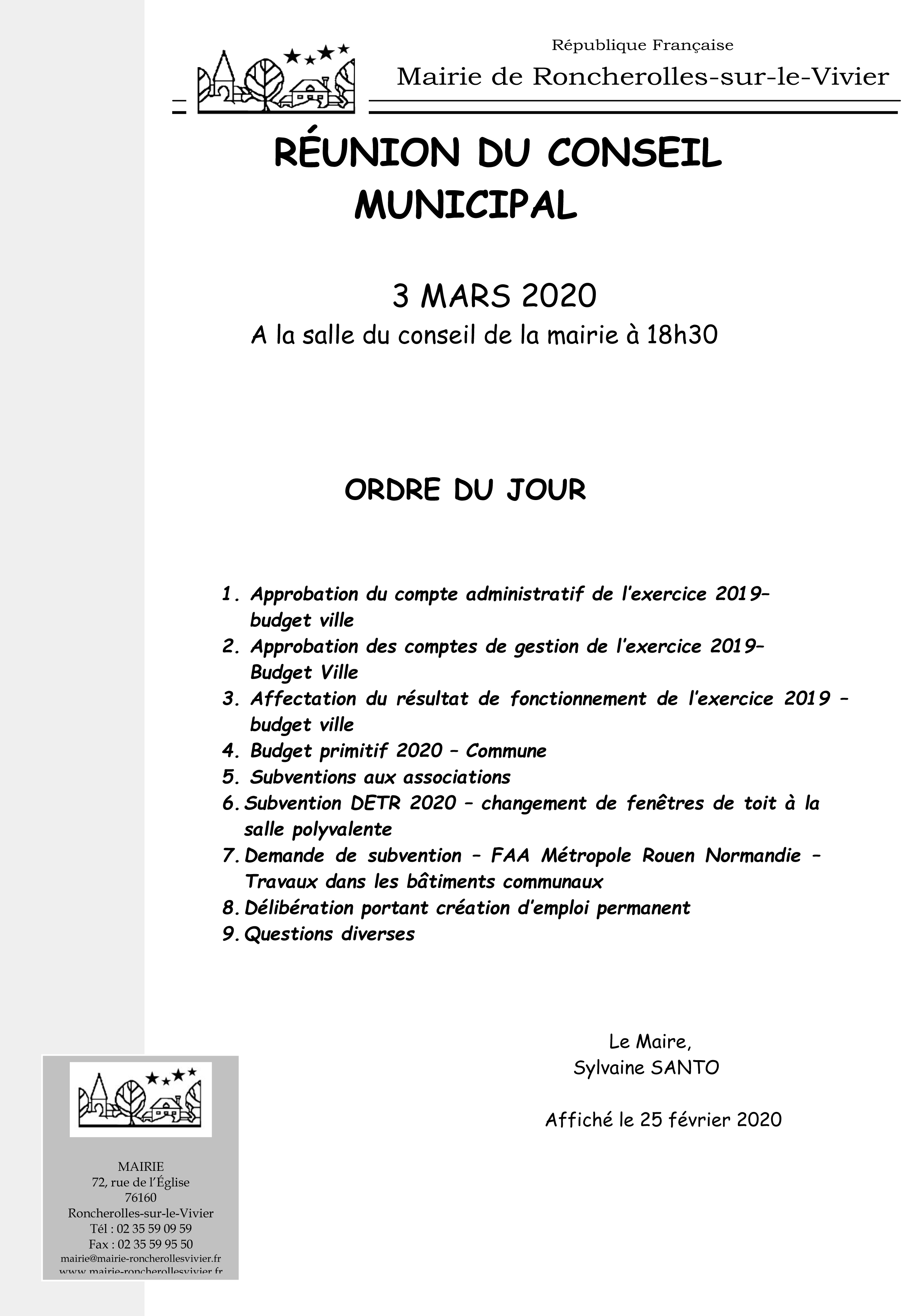 Ordre du jour du Conseil Municipal du 3 mars 2020
